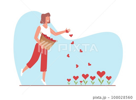 Joyful girl sows hearts as symbol of love and peace, hope and care. Adorable woman with basket. Romantic happy emotion. Red blossoms growing. Cartoon flat style isolated vector concept 108028560