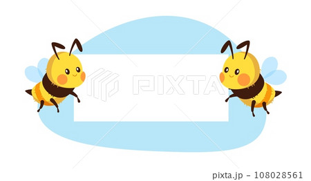 Joyful bees hold up white empty signboard. Cute pretty striped insect with banner. Poster with copy space. Bumblebee and beekeeper. Honey packaging. Cartoon flat isolated vector concept 108028561