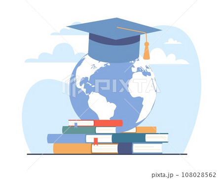 International study, student cap on globe. Study abroad and global education, foreign school, university and college, online worldwide learning cartoon flat style isolated vector concept International study, student cap on globe. Study abroad and global education, foreign school, university and college, online worldwide learning cartoon flat style isolated vector concept 108028562