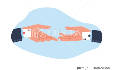 Hands of businessmen with aces up their sleeves. People handshaking gesture. Unfair business strategy. Lie and trickery workers. Advantage on meeting cartoon flat isolated vector concept 108028566