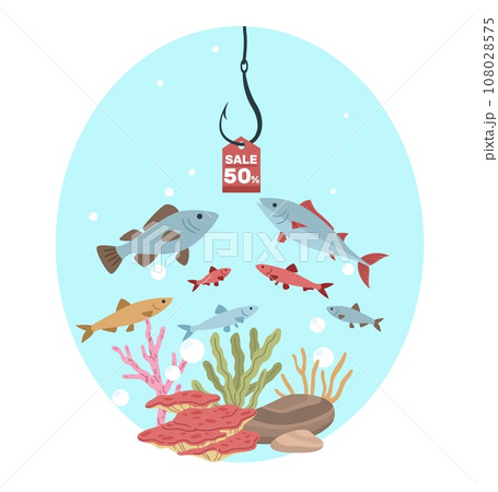 Discounts on hook as bait for fish. Funny sale advertising. Ad poster, special offer. Hanging red label with percent. Attracting customers. Cartoon flat style isolated vector concept 108028575