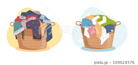 Dirty and clean clothes, washed laundry in hamper. Apparel heap with stains and fresh in baskets. Messy fabric cotton t-shirts and socks. Cartoon flat style isolated vector concept Dirty and clean clothes, washed laundry in hamper. Apparel heap with stains and fresh in baskets. Messy fabric cotton t-shirts and socks. Cartoon flat style isolated vector concept 108028576