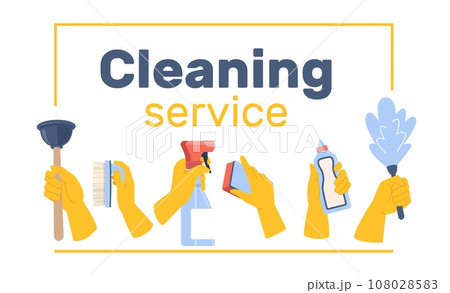 Cleaning service banner. Hands in yellow gloves hold detergents, sponge and toilet plunger. Advertising template. Housekeeping industry cartoon flat style isolated illustration. Vector concept Cleaning service banner. Hands in yellow gloves hold detergents, sponge and toilet plunger. Advertising template. Housekeeping industry cartoon flat style isolated illustration. Vector concept 108028583