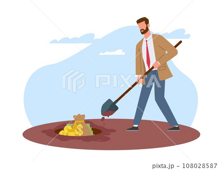 Businessman burying his money. Hiding income and savings, treasure hunting. Rich man with shovel bury pile of gold. Archeologist discovery. Cartoon flat style isolated vector concept 108028587