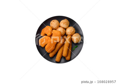 Delicious nuggets, sticks and balls of mozzarella and parmesan cheese with salt and spices 108028957