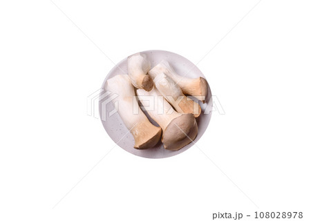 Pleurotus eryngii mushrooms on a dark concrete background Pleurotus eryngii mushrooms on a dark concrete background 108028978