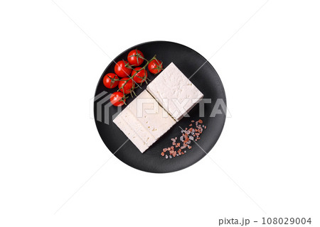 Delicious fresh ricotta cheese cut into slices with vegetables, salt and spices 108029004