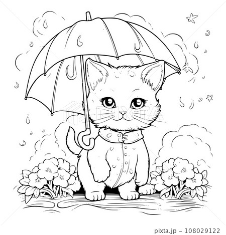 Cat In Rainy Day Coloring Page For Kids 108029122