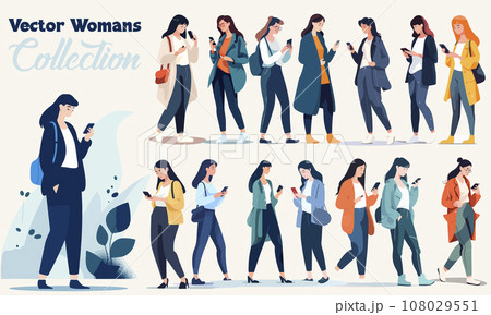 Young beautiful vector woman figures with phone collection. Set of vector girls. 108029551