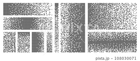 Dispersed elements. Pixelated squares, destruction on fragments. Flat black dispersion element, pixel disintegration backgrounds racy vector collection 108030071