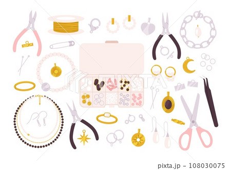 Jewelry making tools and accessories. Creating necklace and bracelet, needlework and handcrafting. Beads, scissors and pins, racy vector workshop set Jewelry making tools and accessories. Creating necklace and bracelet, needlework and handcrafting. Beads, scissors and pins, racy vector workshop set 108030075