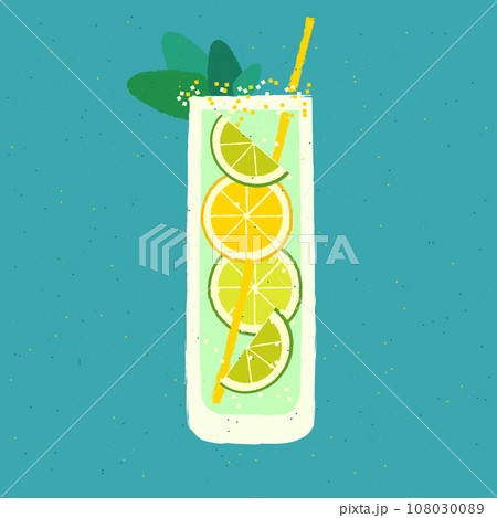 Mocktail with lime and lemon. Vector illustration with beverage citrus tropical cocktail Mocktail with lime and lemon. Vector illustration with beverage citrus tropical cocktail 108030089