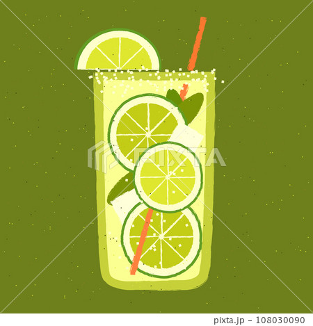 Mocktail with lime. Liquid with mint and ice cubes. Vector texture illustration 108030090