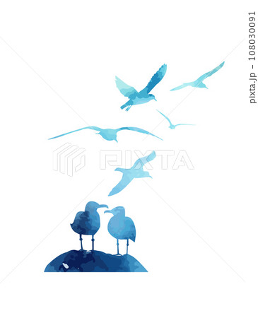 Watercolor blue seagulls on the sea. hand drawing. Not AI, Illustrat3. Vector illustration 108030091