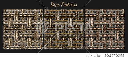 Set of seamless patterns with loose interwoven ropes. Mat, rug with traditional twill weave with three cords. Vintage style. Not AI 108030261