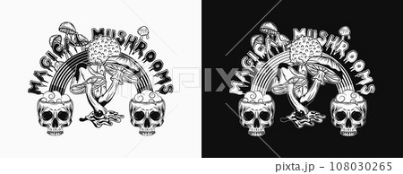 Black and white label with text, mushrooms, psychedelic rainbow, human half skull, text Magic Mushrooms. Concept of madness. Vintage style. Not AI 108030265