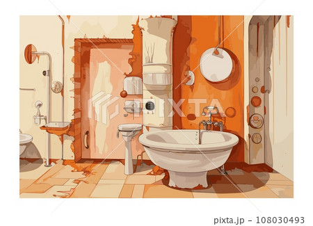 Futuristic watercolor drawing bathroom interior. Walls with paint creeks and spots, cracks and pipes. Simple grunge vector graphic art Futuristic watercolor drawing bathroom interior. Walls with paint creeks and spots, cracks and pipes. Simple grunge vector graphic art 108030493