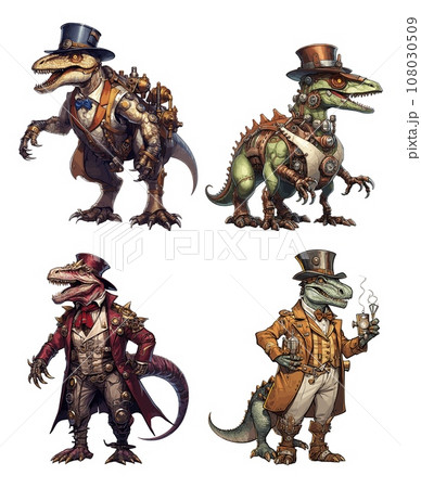 Steampunk dinosaurus in full growth. Cartoon vintage dinosaur set in retro colors isolated on white background 108030509
