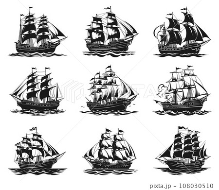 Sailing ships silhouettes. Old sail boats black on white, vintage pirates frigate schooner brigantine retro sailboats isolated vector illustration Sailing ships silhouettes. Old sail boats black on white, vintage pirates frigate schooner brigantine retro sailboats isolated vector illustration 108030510