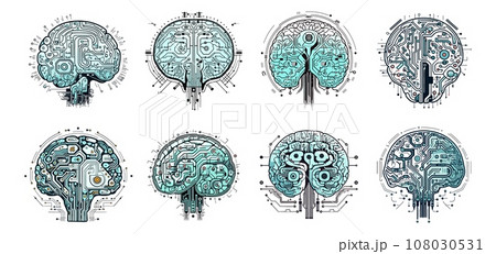 AI mind signs. Tech intelligence digital brain, business data computing circuits machine symbols isolated on white 108030531