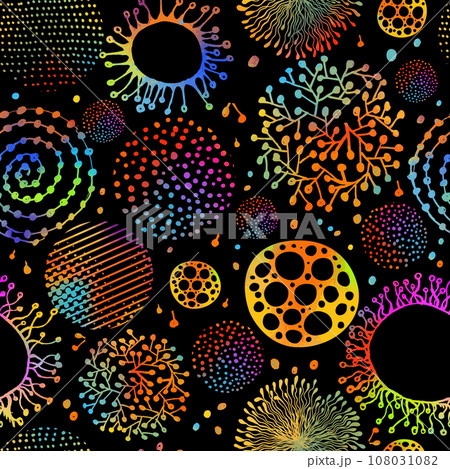 Modern exotic floral pattern on a black background. Seamless pattern of colored abstract elements. Vector illustration. Hand drawn cartoon style pattern. Modern exotic floral pattern on a black background. Seamless pattern of colored abstract elements. Vector illustration. Hand drawn cartoon style pattern. 108031082