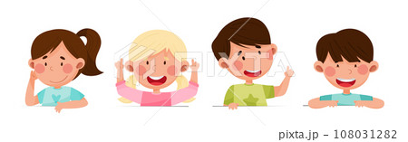 Cute Boy and Girl Characters Talking and Speaking at Table or Desk Vector Illustration Set Cute Boy and Girl Characters Talking and Speaking at Table or Desk Vector Illustration Set 108031282