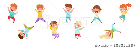 Happy Kids Jumping with Hands Raising Up Cheering and Rejoicing Vector Set 108031287