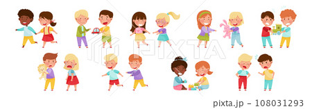 Friendly and Hostile Kids Playing Together Vector Illustration Set Friendly and Hostile Kids Playing Together Vector Illustration Set 108031293