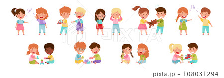 Friendly and Hostile Kids Playing Together Vector Illustration Set 108031294