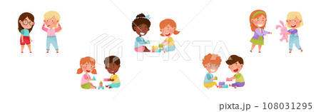 Friendly and Hostile Kids Playing Together Vector Illustration Set Friendly and Hostile Kids Playing Together Vector Illustration Set 108031295