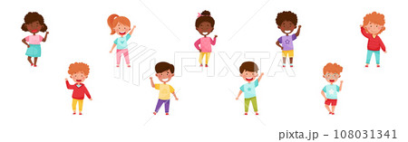 Children Character Greeting Waving Hand and Smiling Vector Set Children Character Greeting Waving Hand and Smiling Vector Set 108031341