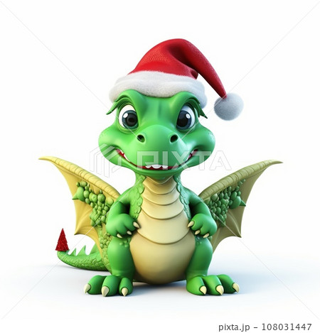 Cute dragon with christmas hat isolated in White background. New Year 2024 art. Cute dragon with christmas hat isolated in White background. New Year 2024 art. 108031447