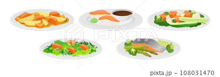 Tasty Salmon Fish Dish Served on Plate Vector Set 108031470