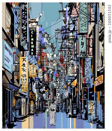 Colorful drawing of a street in Japan 108031582