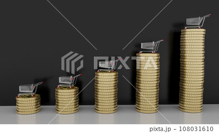 Growth of sales or growth of market basket or consumer price index concept. CPI. Shopping basket on coin stacks. 3d illustration 108031610