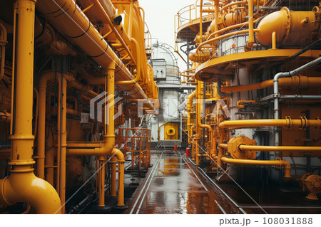 Pipeline, storage tanks and pipe rack of petroleum, chemical, hydrogen or ammonia industrial plant. Industrial zone Close up 108031888