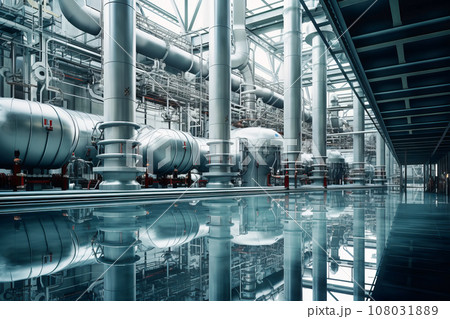 Pipeline, storage tanks and pipe rack of petroleum, chemical, hydrogen or ammonia industrial plant. Industrial interior Close up 108031889