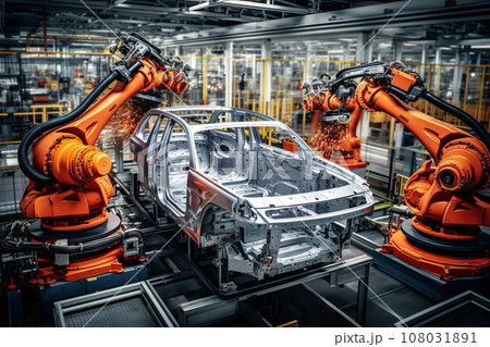 Automated Robotic modern electric car Production Line. Welding Industrial Production Conveyor Automated Robotic modern electric car Production Line. Welding Industrial Production Conveyor 108031891