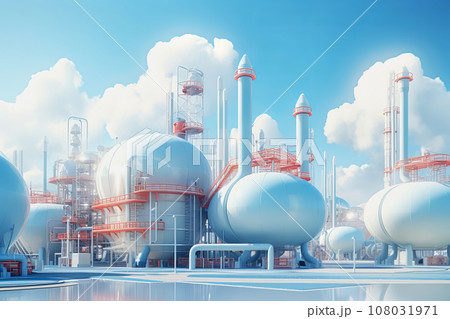 Futuristic hydrogen, petroleum, chemical or ammonia industrial plant. Industrial zone with storage tanks and pipelines 108031971