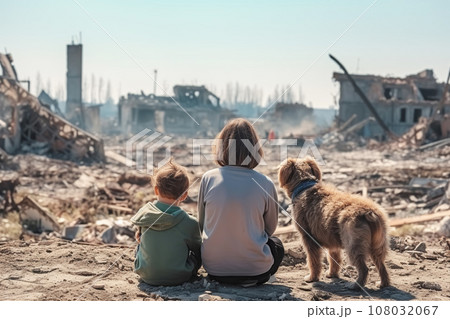 Back view of children and dog look at destroyed city rubble. Survivors of bombing or earthquake disaster 108032067