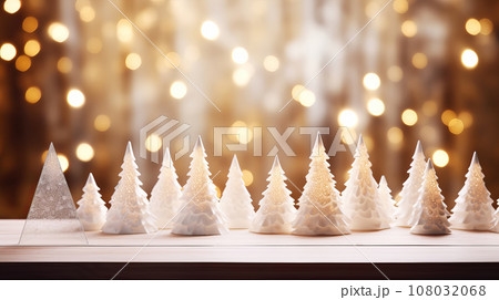 Christmas background with white Christmas trees baubles on blurred festive bokeh banner 108032068