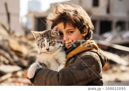 Boy hugs a cat in destroyed city rubble. Survivors of bombing or earthquake disaster Boy hugs a cat in destroyed city rubble. Survivors of bombing or earthquake disaster 108032093