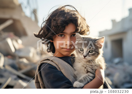 Boy hugs a cat in destroyed city rubble. Survivors of bombing or earthquake disaster Boy hugs a cat in destroyed city rubble. Survivors of bombing or earthquake disaster 108032230