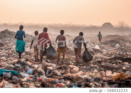 Group of homeless African children back view collecting garbage in landfill Group of homeless African children back view collecting garbage in landfill 108032233