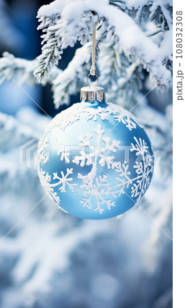 Christmas blue ball with white decor hanging on Christmas tree close-up, vertical format Christmas blue ball with white decor hanging on Christmas tree close-up, vertical format 108032308