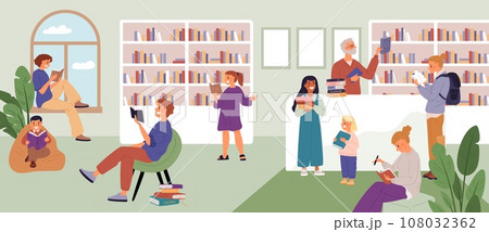 People in library. Students preparing for exams. Children and adults choose books. Reading room. Education process. Readers getting new knowledge. Textbooks learning. Garish vector concept People in library. Students preparing for exams. Children and adults choose books. Reading room. Education process. Readers getting new knowledge. Textbooks learning. Garish vector concept 108032362
