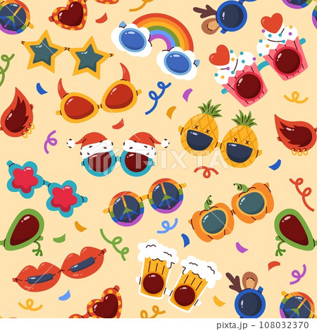 Glasses seamless pattern. Party sunglasses. Repeated masquerade spectacles. Different lens shapes frames. Carnival eyewear. Holiday accessories and confetti. Recent vector background 108032370