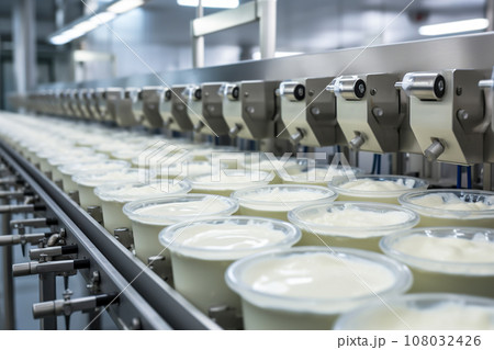 Automated Robotic natural dairy products yogurt Line. Industrial food production plant indoors 108032426
