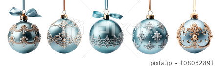 Set of Beautifully Decorative Light Blue Christmas Tree Ornaments Isolated on White. Generative AI. 108032891