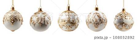 Set of Beautifully Decorative White and Gold Christmas Tree Ornaments Isolated on White. Generative AI. 108032892